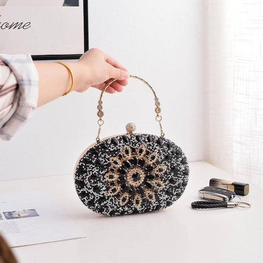 Evening Party Clutch Bag with Sunflower Diamond Design - Black