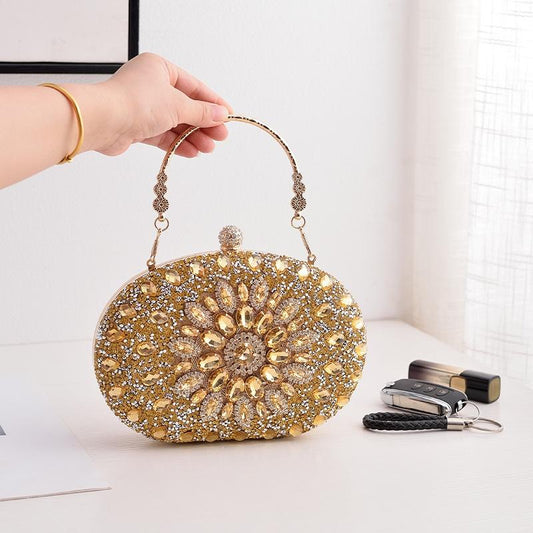 Evening Party Clutch Bag with Sunflower Diamond Design - Black