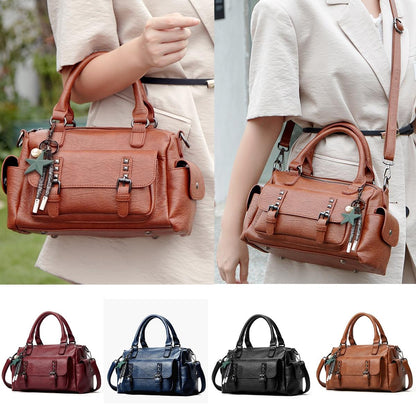 Large Capacity Crossbody Shoulder Bag in Pebbled Leather - Black