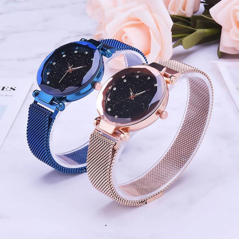 Starry Diamond Geometric Quartz Watch with Magnet Buckle - Luxury Mesh for Women - Black
