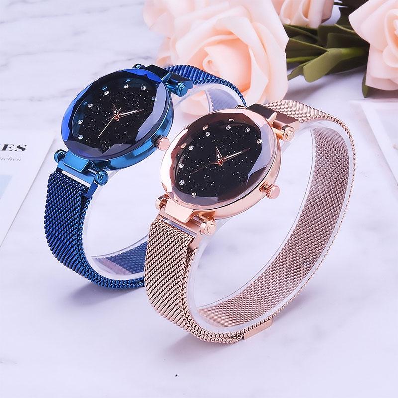 Starry Diamond Geometric Quartz Watch with Magnet Buckle - Luxury Mesh for Women - Black