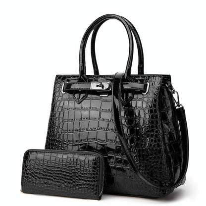 Large Capacity 2-in-1 Crocodile Patent Leather Shoulder Bag - Brown