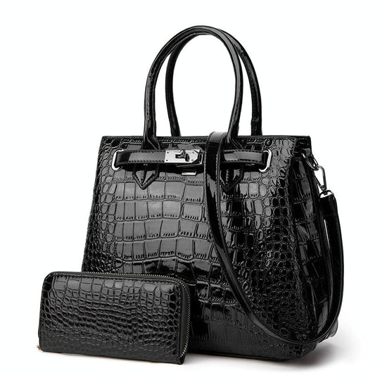 Large Capacity 2-in-1 Crocodile Patent Leather Shoulder Bag - Brown