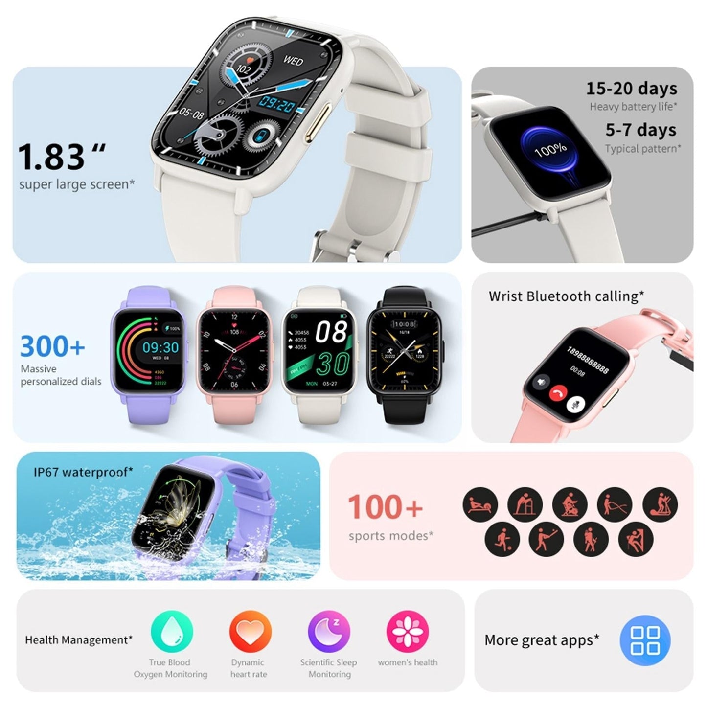 1.83 Inch Bt5.2 Smart Sport Watch Support Bluetooth Call / Sleep / Blood Sugar / Blood Oxygen / Temperature / Heart Rate / Blood Pressure Health Monitor - White