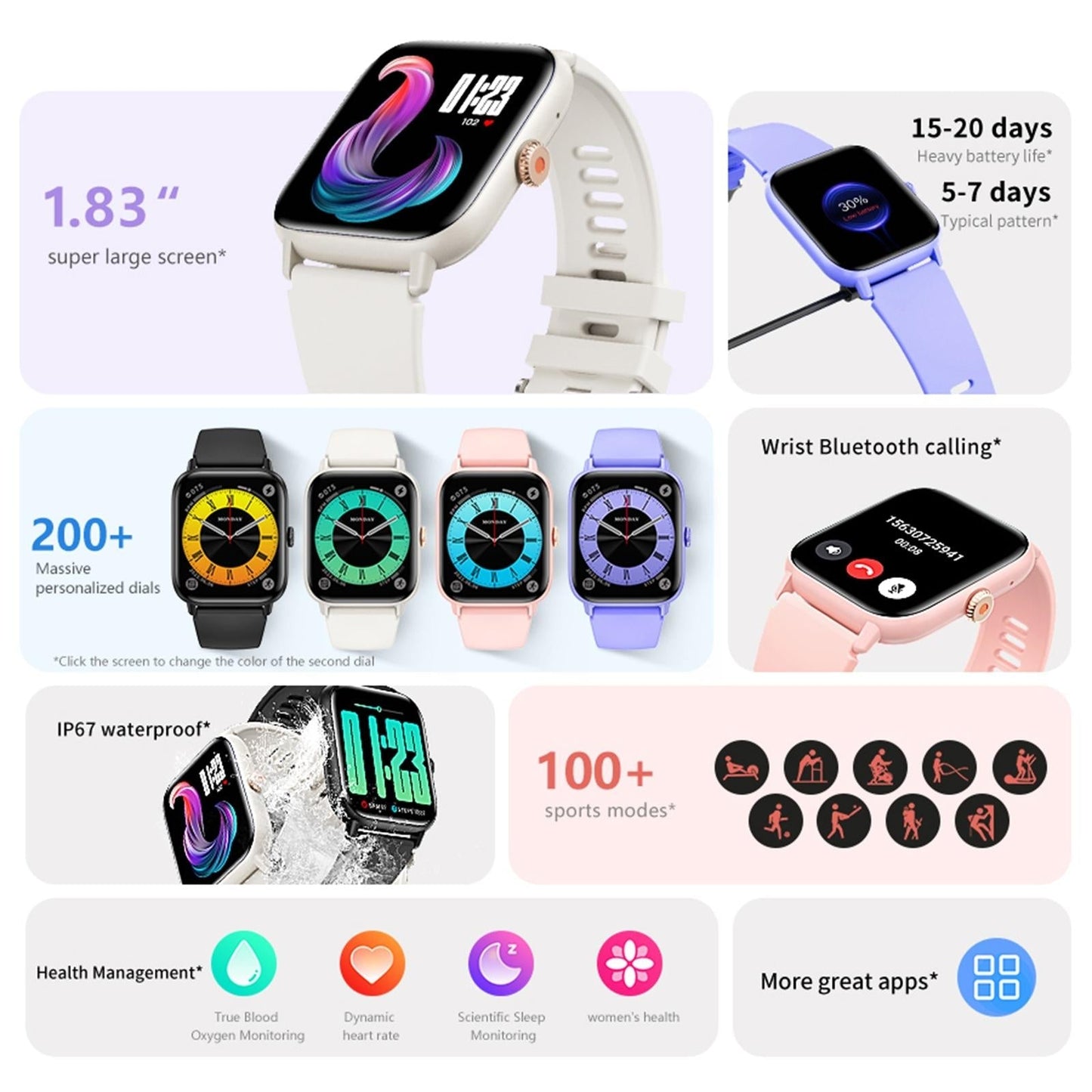 1.83 Inch Bt5.2 Smart Sport Watch Support Bluetooth Call / Sleep / Blood Sugar / Blood Oxygen / Heart Rate / Blood Pressure Health Monitor - White