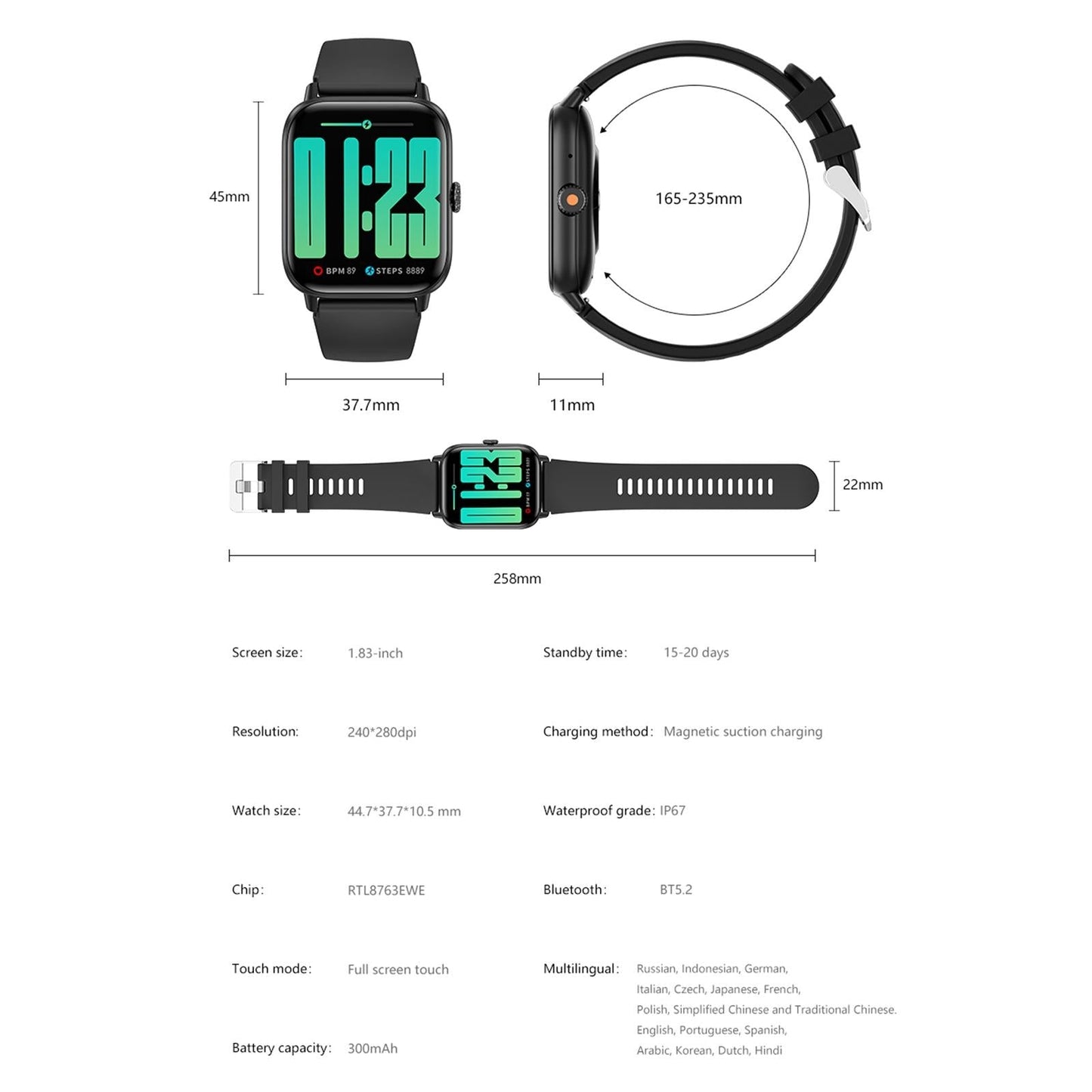 1.83 Inch Bt5.2 Smart Sport Watch Support Bluetooth Call / Sleep / Blood Sugar / Blood Oxygen / Heart Rate / Blood Pressure Health Monitor - White