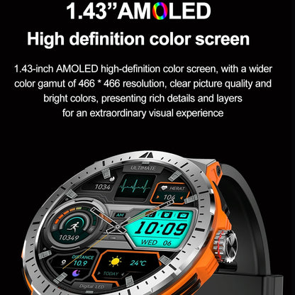 1.43 Inch Bt5.3 Ip68 Sport Smart Watch Support Bluetooth Call / Message Notification / Heart Rate / Blood Pressure Health Monitor - Blue