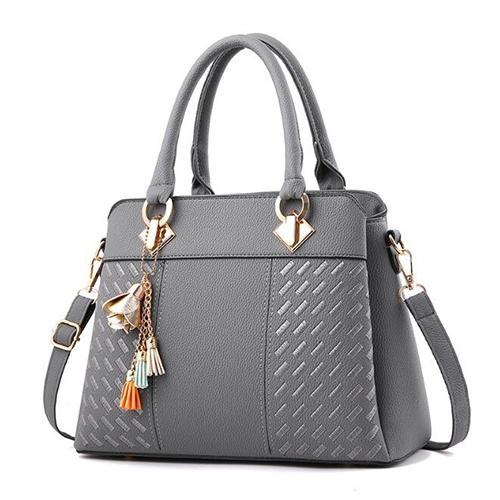 Simple Style Women Leather Crossbody Bag with Tassel Embroidery - Gray