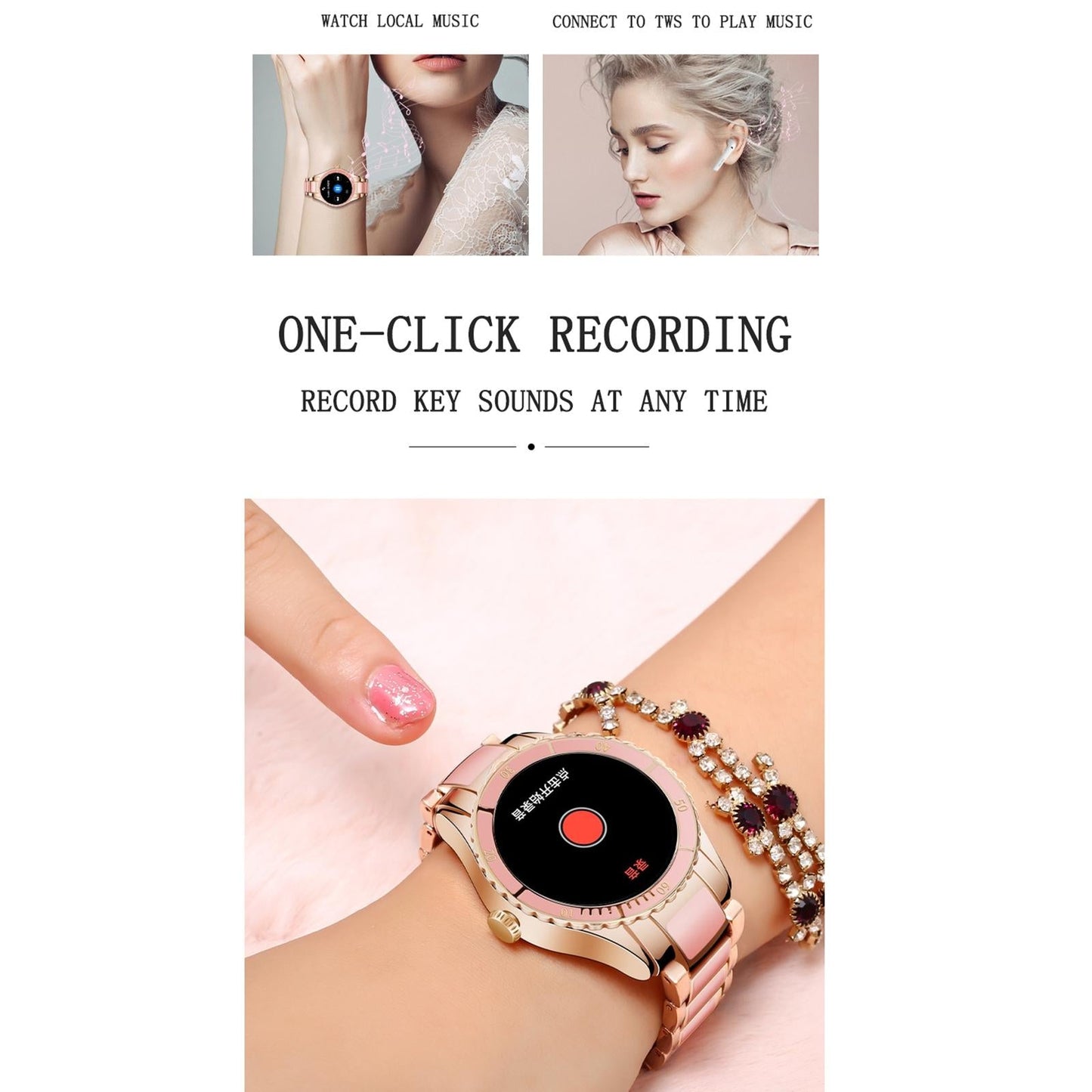 Smart Bracelet With Touch Screen Heart Monitoring Voice Control And Cycle Reminder - Black