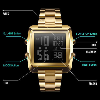 Vintage Gold Steel Square Watch - Waterproof & Luminous - Gold