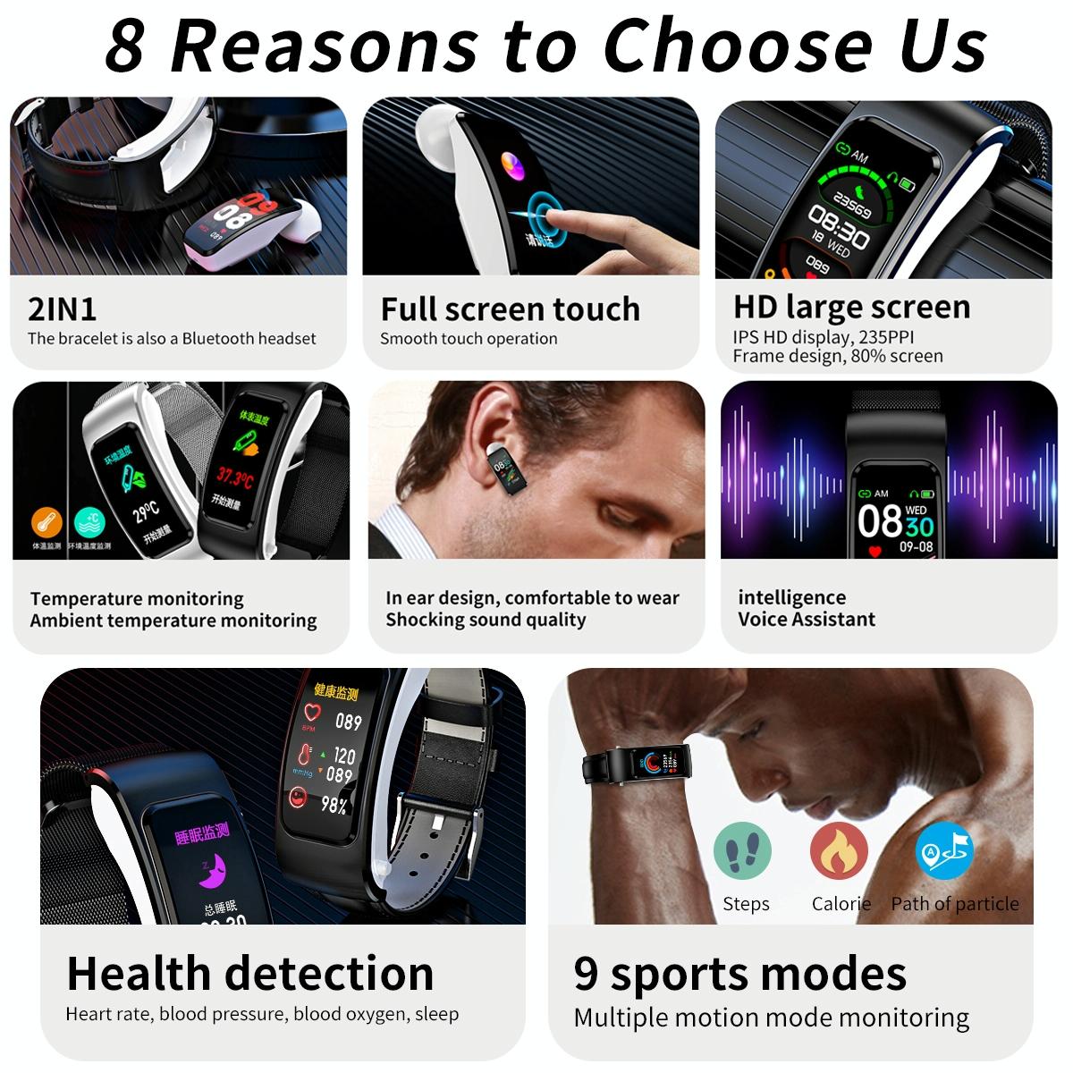 1.08 Inch Steel Band Earphone Detachable Life Waterproof Smart Watch Support Bluetooth Call - Silver