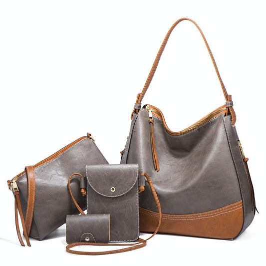 Large Capacity Diagonal Handbags - 4 in 1 Colour Block Leather Bags - Dark Grey