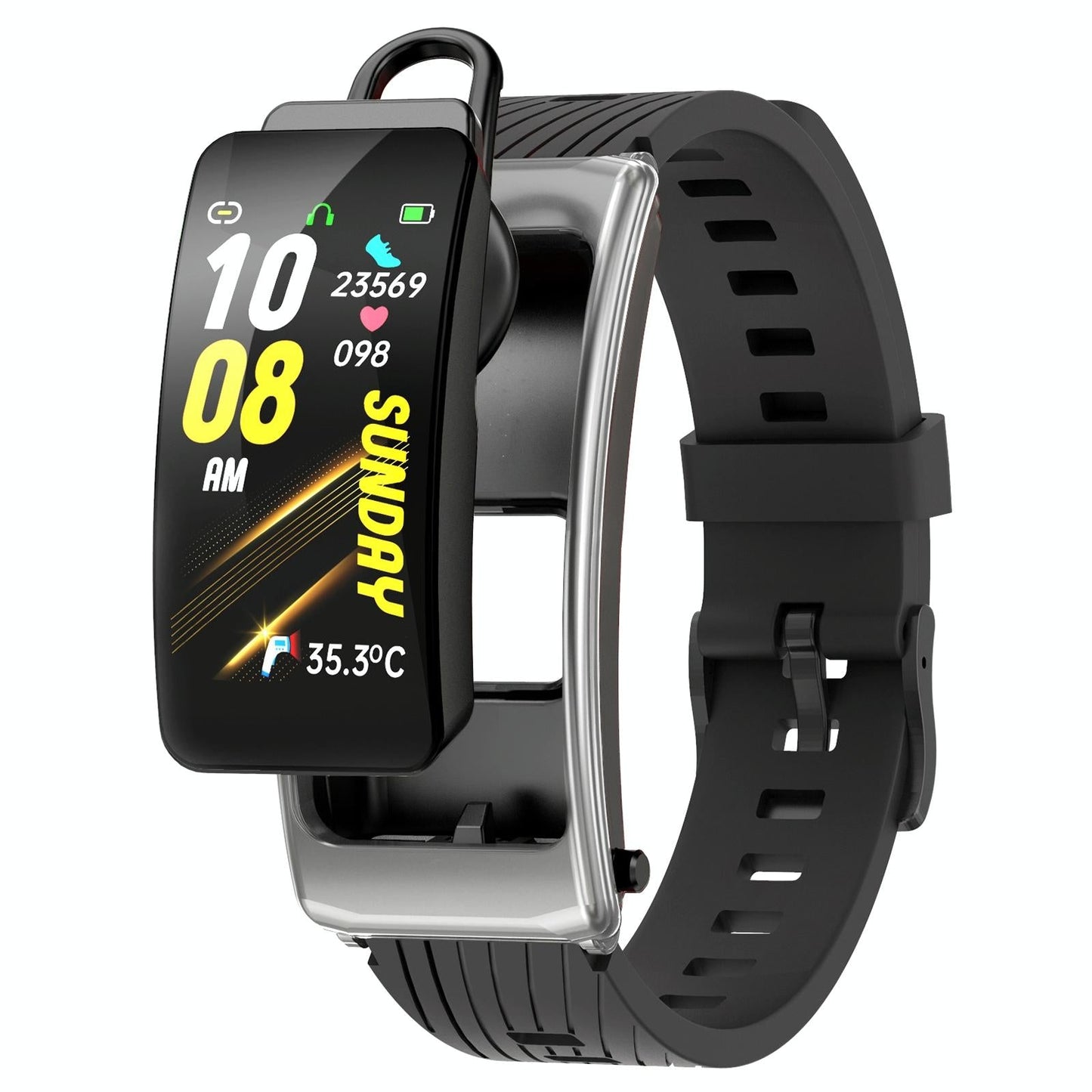 1.14 Inch Silicone Band Earphone Detachable Life Waterproof Smart Watch Support Bluetooth Call - Black Silver