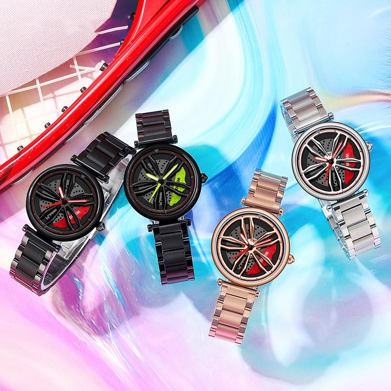 Women Steel Belt Quartz Watch with 3d Hollow out Wheel Design - Rose Gold