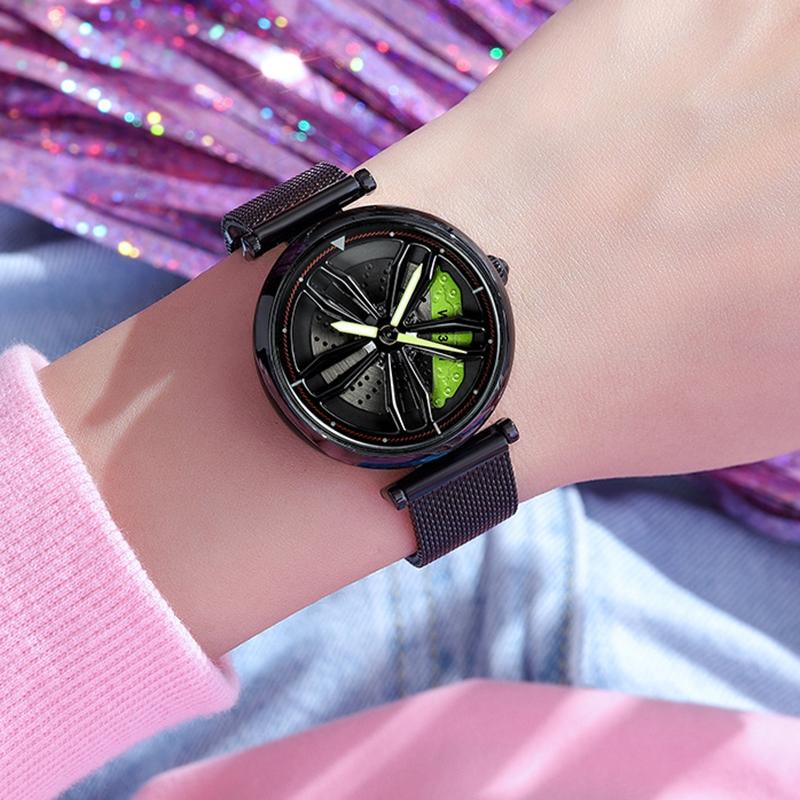 Women Steel Belt Quartz Watch with 3d Hollow out Wheel Design - Rose Gold