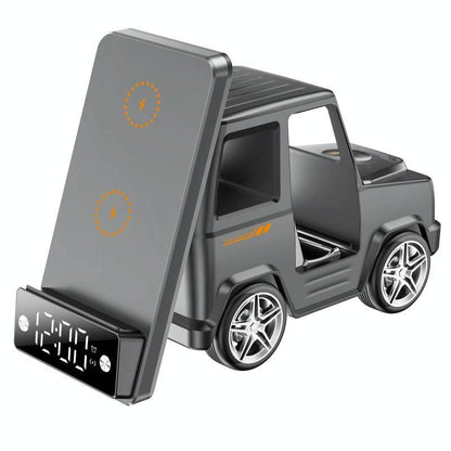 6 In 1 Car Shape Speaker With Clock & Wireless Charger - White