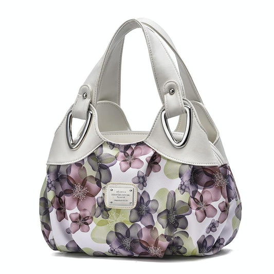 Soft Leather Women Handbag - White Handle Green Flower