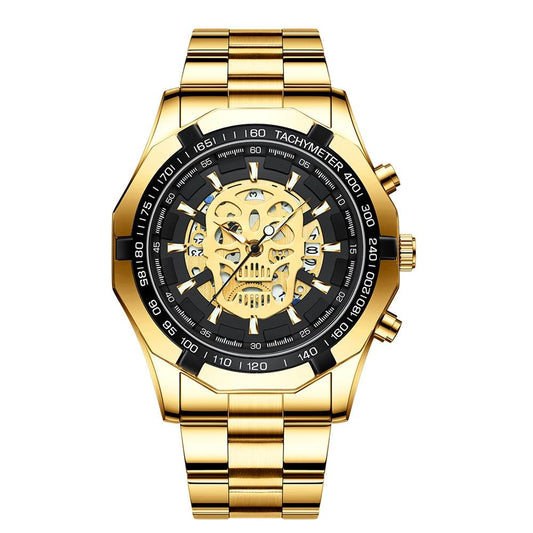 Waterproof Luminous Skeleton Watch - 30m - Black Steel Black Gold Nail