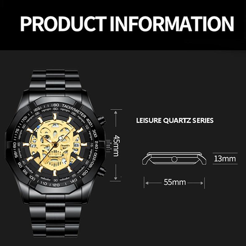 Waterproof Luminous Skeleton Watch - 30m - Black Steel Black Gold Nail