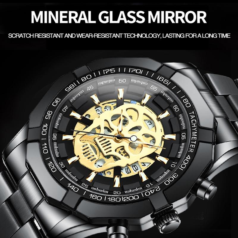Waterproof Luminous Skeleton Watch - 30m - Black Steel Black Gold Nail