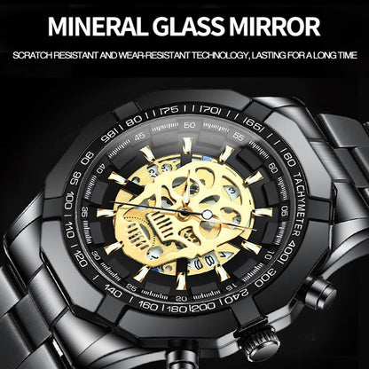 Waterproof Luminous Skeleton Watch - 30m - Black Steel Black Gold Nail