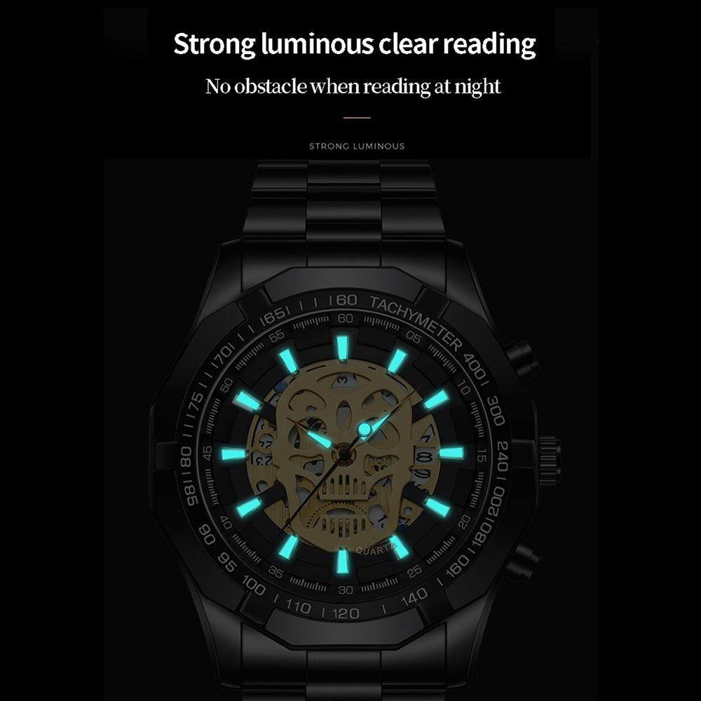 Waterproof Luminous Skeleton Watch - 30m - Black Steel Black Gold Nail