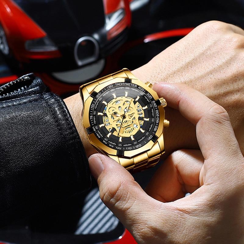 Waterproof Luminous Skeleton Watch - 30m - Black Steel Black Gold Nail