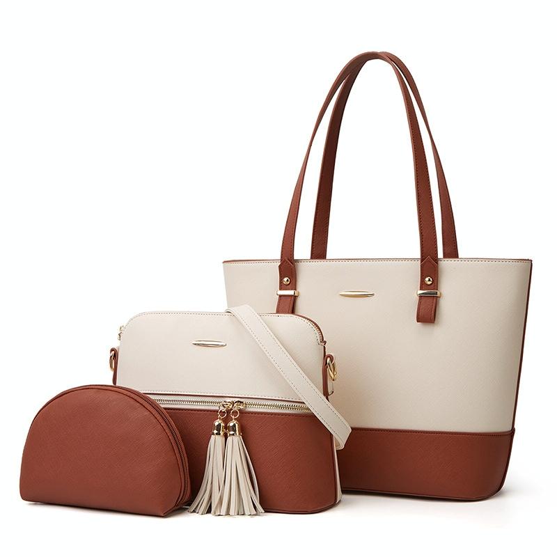 Large Capacity Fashion Handbag with Diagonal Design and Letter Detail - Brown Black