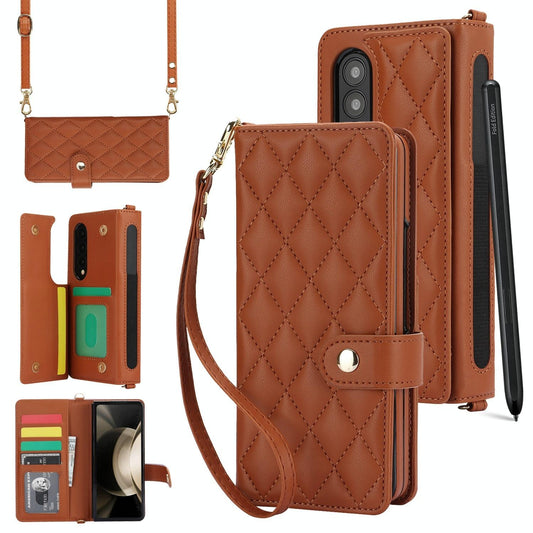 For Samsung Galaxy z Fold4 5G Multifunctional Rhombic Leather Crossbody Phone Case - Red