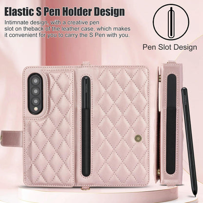 For Samsung Galaxy z Fold4 5G Multifunctional Rhombic Leather Crossbody Phone Case - Red