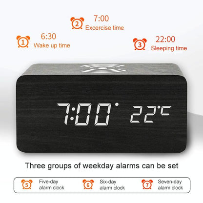 5W Wooden Wireless Charger With Led Mirror Display And Sub Alarm Clock - Black Wood