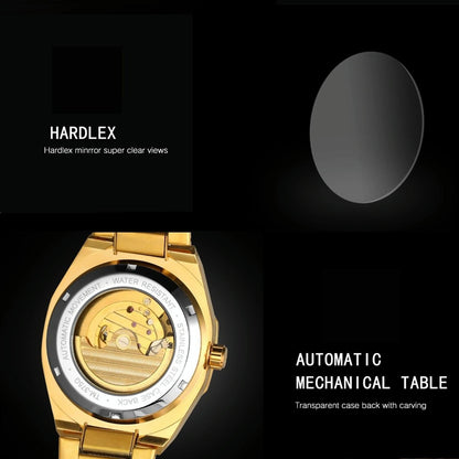 Men Automatic Mechanical Watch with Luminous Dial and Steel Band - Gold Belt Black Face