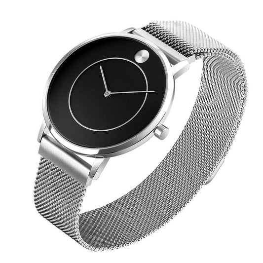 Women Metal Mesh Quartz Watch with Non-scale Dial - Silver Shell Black Surface