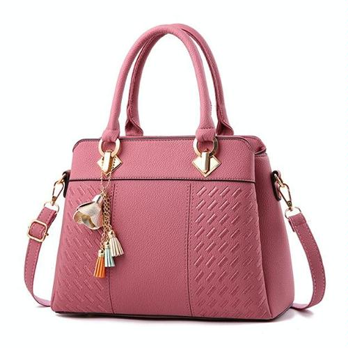 Simple Style Women Leather Crossbody Bag with Tassel Embroidery - Pink