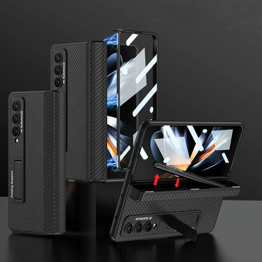 Leather Phone Case with Foldable Hinge and Holder - Carbon Fibre Black