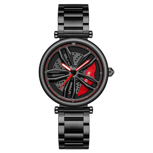 Women Steel Belt Quartz Watch with 3d Hollow out Wheel Design - Silver Red