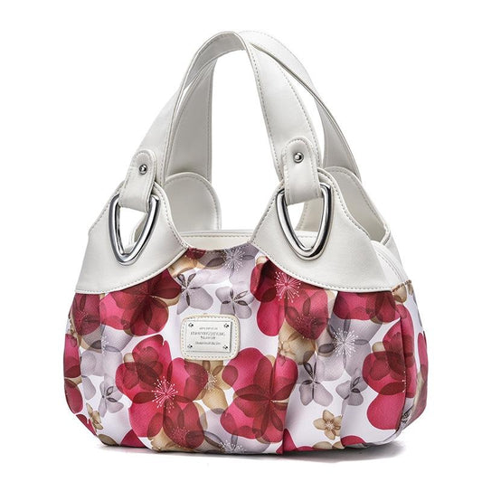 Soft Leather Women Handbag - White Handle Red Flower