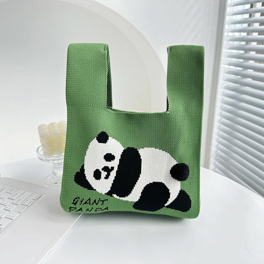 Cartoon Panda Knit Bag - Large Capacity Vest Handbag - Green