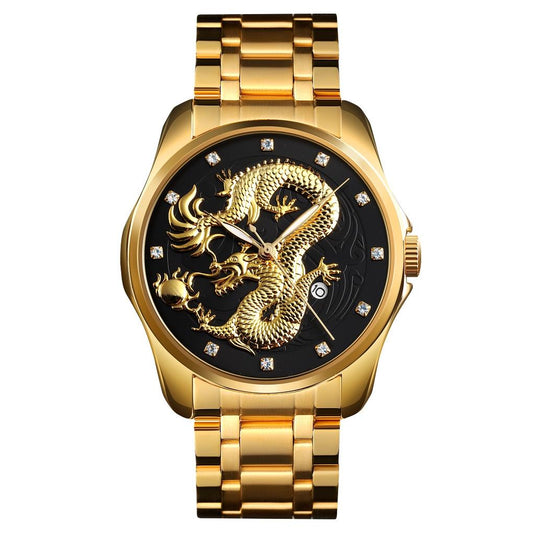 Men Golden Dragon Calendar Dial Quartz Watch with Luminous Hands - Gold Black