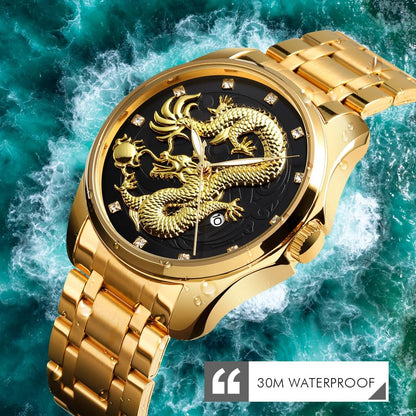 Men Golden Dragon Calendar Dial Quartz Watch with Luminous Hands - Gold Black