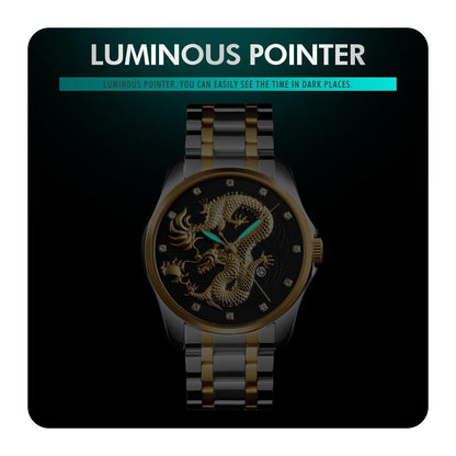 Men Golden Dragon Calendar Dial Quartz Watch with Luminous Hands - Gold Black