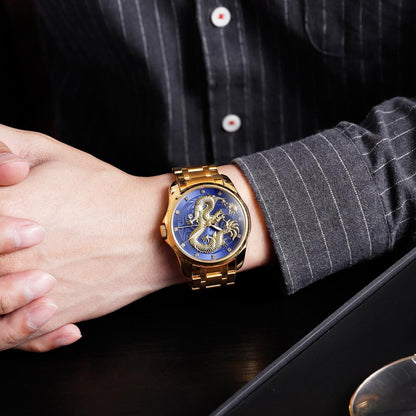 Men Golden Dragon Calendar Dial Quartz Watch with Luminous Hands - Gold Black