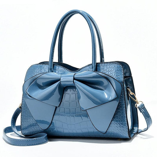 Leather Ladies Handbag - Bright Bow Design - Black