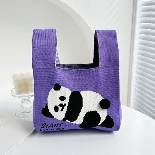 Cartoon Panda Knit Bag - Large Capacity Vest Handbag - Purple