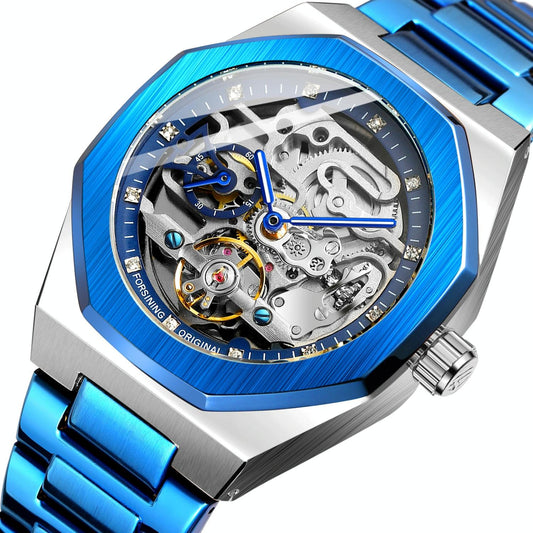 Men Automatic Mechanical Watch with Luminous Dial and Steel Band - Blue Belt Blue Face