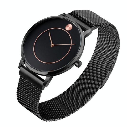 Women Metal Mesh Quartz Watch with Non-scale Dial - Black Shell Black Surface
