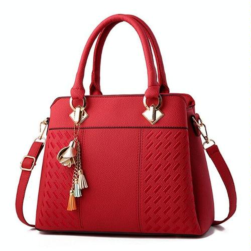 Simple Style Women Leather Crossbody Bag with Tassel Embroidery - Wine Red