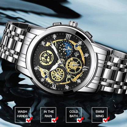 Waterproof Luminous Quartz Watch with Multifunctional Design - White Steel Black Surface