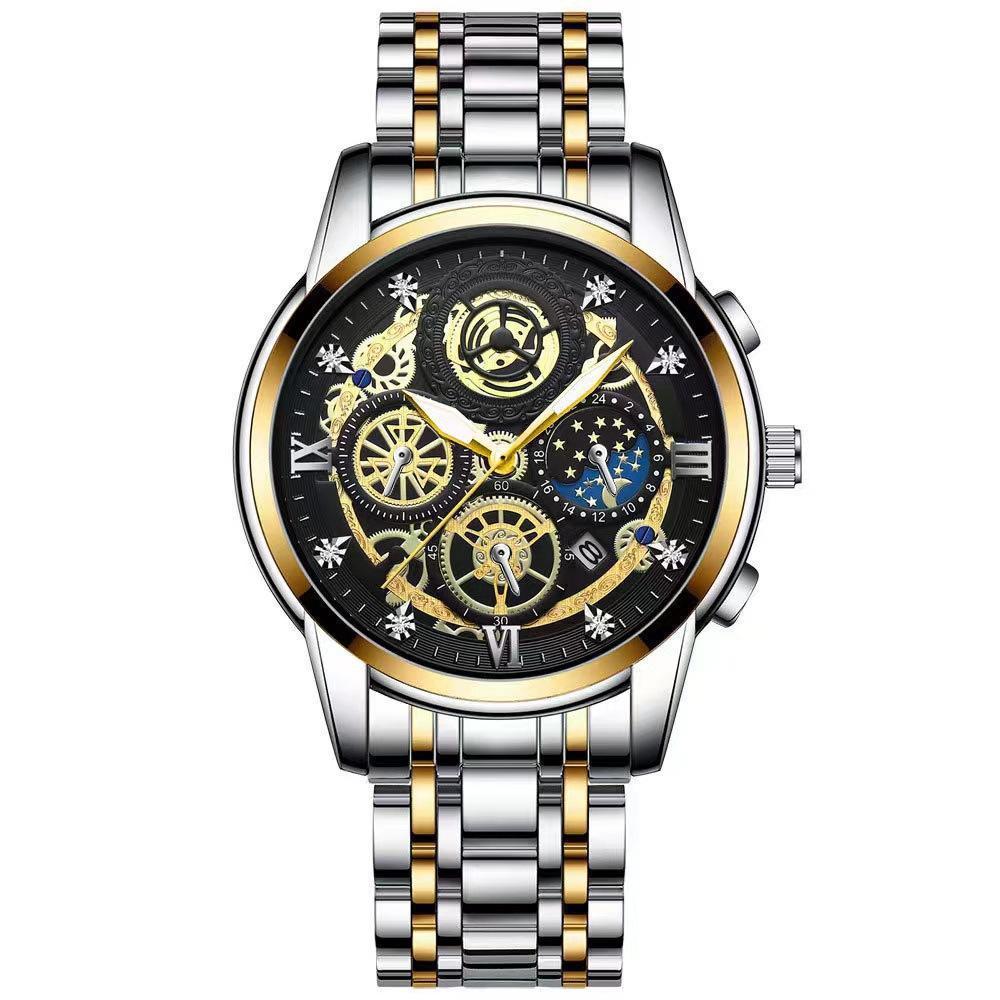 Waterproof Luminous Quartz Watch with Multifunctional Design - White Steel Black Surface