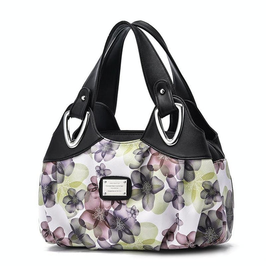 Soft Leather Women Handbag - Black Handle Green Flower